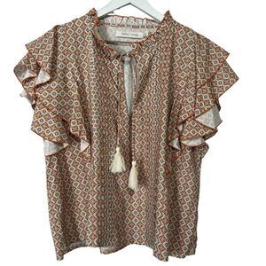 Bishop + Young Cleo Top size Small Mosaic Boho Peasant Tassel Ruffle Blouse